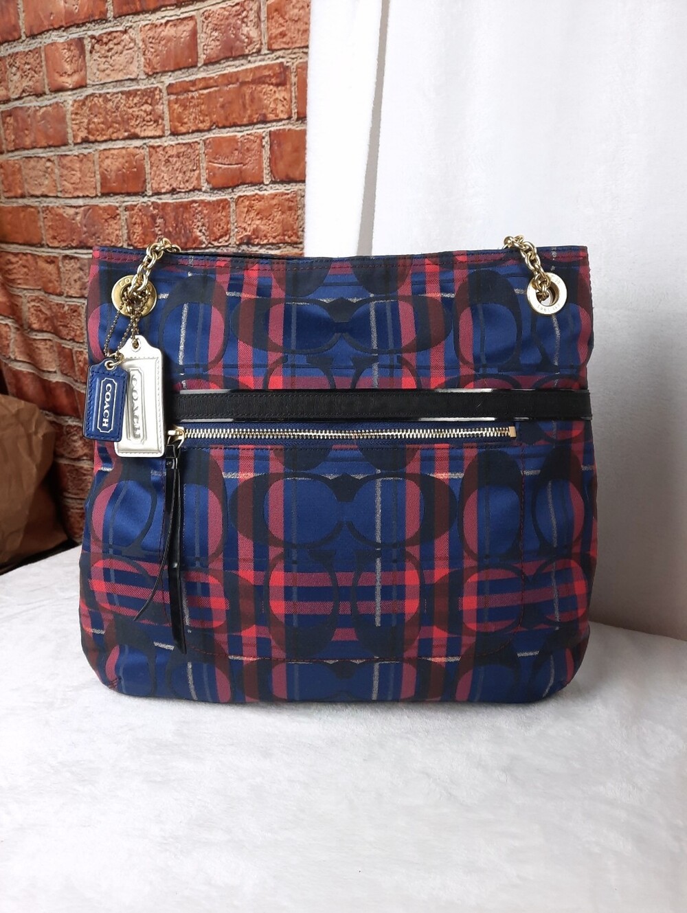 Coach Navy & Red Signature Plaid Denim Tote Bag